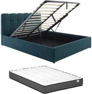 Vente-unique - Bett mit Bett mit Bettkasten - + Matratze - 140 x 190 cm - Bouclé-Stoff - Blaugrün - MAZIRI