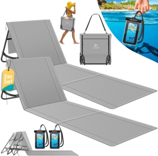 KESSER® Strandmatte klappbar mit verstellbarer Rückenlehne, Strandliege faltbar mit Tragegurt, wasserdichter Handyhülle & Aufbewahrungstasche, Sonnenliege für Strand Garten Terrasse, Liegematte 130Kg Grau, 2er Set
