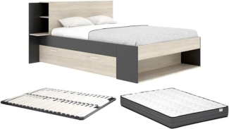 Vente-unique - Bett mit Stauraum + Lattenrost + Matratze - 140 x 190 cm - Holzfarben & Schwarz - KEROSIA