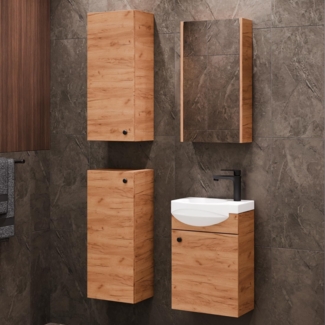 Planetmöbel Badset komplett aus Unterschrank 40cm mit Waschbecken, Spiegelschrank und 2X Midischrank in Gold Eiche, Komplettset für Badezimmer 5-teilig