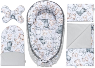 PEPI - 5 teilig Babynestchen Set - Babynest 95x50 - Babydecke - Matratze - Kopfkissen - Kissen - 100% Baumwolle uns Samt - Baby Erstausstattung Neugeborene - (Velvet, safari gray)