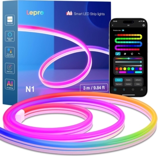Lepro Neon LED Strip 3m, Neon LED Streifen mit App Steuerung, Musik Sync & Sprachsteuerung, funktioniert mit Alexa & Google Assistant, Flexibles RGB Lichtband für Wohnzimmer, Gaming, Party&Wanddeko