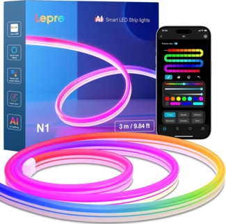 Lepro Neon LED Strip 3m, Neon LED Streifen mit App Steuerung, Musik Sync & Sprachsteuerung, funktioniert mit Alexa & Google Assistant, Flexibles RGB Lichtband für Wohnzimmer, Gaming, Party&Wanddeko