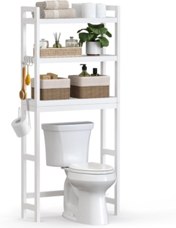 Toilettenregal, Badezimmerregal, Waschmaschinenregal,3-stöckiges Badregal aus Bambus, verstellbar, multifunktional, statische Belastbarkeit 15 kg pro Ebene, einfache Montage, weiß BTS01WT