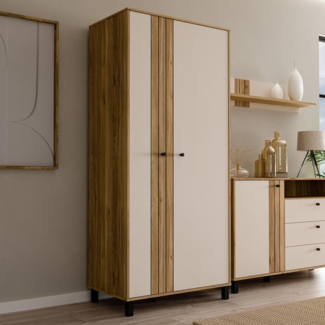 FORTE KILLARNEY Kleiderschrank 88, Schrank im Scandi-Stil mit 2Drehtüren, Einlegeböden und Lamellen-Detail, Kaschmir/Beige, Mauvella Eiche/Sand Dekor, 88,1 cm breit, 195,8 cm hoch, 52,7 cm tief