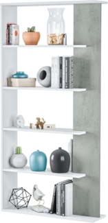 Habitdesign Alida, Regal mit 5 Regalböden, Bücherregal für Esszimmer, Wohnzimmer, Finish in Arktisweiß und Zementgrau, Maße: 180 cm (H) x 90 cm (B) x 25 cm (T)