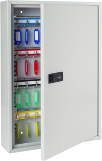 HMF Schlüsselkasten Schlüsselschrank mit Zahlencode, Schlüsselkasten mit 64 Haken (inkl. Schlüsselanhänger), verstellbare Hakenleisten, 45 x 30 x 8 cm, Lichtgrau