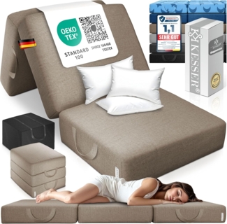 KESSER® Klappmatratze Gästematratze 3-fach Faltmatratze faltbar zum Sitzhocker | Schaumstoff 25kg/m³ extra dick 15cm atmungsaktiv waschbar abnehmbarer Bezug | Matratze inkl. Camping Tragetasche Taupe, 90 x 195 x 15 cm
