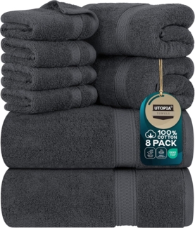 Utopia Towels - 8 teilig Handtücher Set aus Baumwolle mit Aufhänger - 2 Badetuch, 2 Handtücher und 4 Washclappen - (Grau)