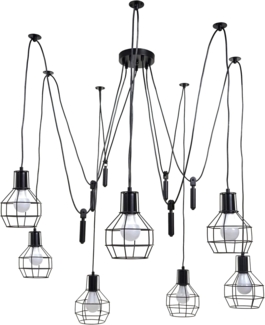 Pendelleuchte HWC-H85, Hängelampe Hängeleuchte, Industrial Metall höhenverstellbar schwarz ~ 7x Gitterlampenschirm