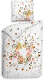 Heckett & Lane Mako-Satin Bettwäsche 135x200 Tuva White Blütenkranz koralle weiß