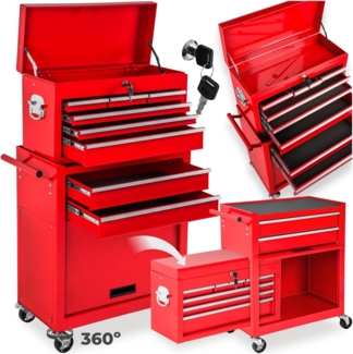 tectake Werkzeugwagen Werkstattwagen mit 10 Fächern, rot, 8 kugelgelagerte Schubladen mit Antirutschmatten