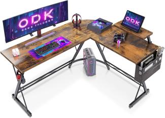 ODK L-förmiger Schreibtisch, Computertisch, Bürotisch mit runder Ecke, Gaming-Tisch mit Monitorablage, 147x120 cm, Weinlese