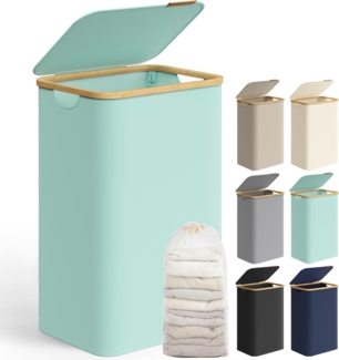 SONGMICS Wäschekorb mit Deckel, Wäschesammler 90 L, herausnehmbarer Wäschesack, Oxford-Gewebe, Griffe aus Bambus, zusammenklappbar, 42 x 32 x 70,5 cm, mintgrün LCB509C01
