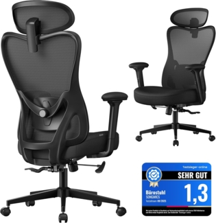 SONGMICS Bürostuhl ergonomisch, Schreibtischstuhl, Computerstuhl, verstellbare Lenden- und Kopfstütze, bis 150 kg belastbar, höhenverstellbar, tintenschwarz OBN066BH01