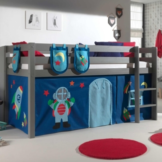 Vipack Spielbett 'Pino' grau mit Textilset Vorhang und 3 Taschen 'Astro'