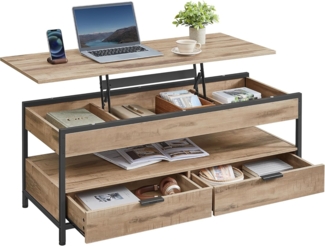 VASAGLE Couchtisch, höhenverstellbarer Wohnzimmertisch, Kaffeetisch, mit Schubladen, offenes Fach, 50x120 cm, Kamelbraun-tintenschwarz LCT252K02