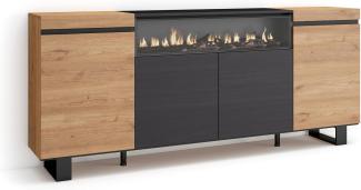 Skraut Home | Sideboard, Highboard | Kommode, Komodenschrank | 200 x 87 x 35 cm | 4 Türen | Elektrokamin. Maße | Industriedesign | Moderner Stil | Eiche Schwarz