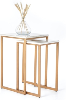 Penguin Home Set mit 2 weißen Marmoroberteilen Beistelltischen mit stabilen, goldfarbenen Metall-Beinen aus Eisen, rechteckigen Tischbeinen, stilvoller, moderner Couchtisch, Nachttisch, Schlafzimmer, Wohnzimmer, Büro, Größen: 38 x 38 x 61 cm und 33x3...