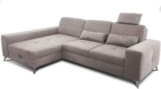 CAVADORE Ecksofa Bali / Trendige Sofaecke mit Longchair links, Kopfstütze & Nierenkissen / Inkl. Sitztiefenverstellung, Bett & Bettkasten / 286 x 92 x 176 / Flachgewebe: Beigegrau