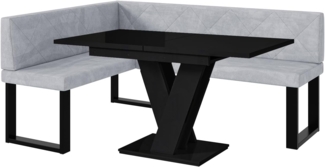 MEBLINI Eckbank für Esszimmer mit ausziehbarem Tisch - Küchenbank - Essecke - Sitzecke Küche - ERIC - U-Beine 128x168x87cm Links - Hellgrau Samt/M Schwarz Hochgl.