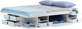 Funktionsbett Bali 140x200 Weiss - Schrankbett mit viel Stauraum u. Schubladen, optimal für kleine Schlafzimmer - Bett mit Aufbewahrung aus MDF Weiss lackiert – Schubladenbett inkl Lattenrost