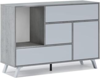 Skraut Home – Sideboard für Wohn- oder Esszimmer – 86 x 120 x 40 cm – Buffet mit 1 Tür + 3 Schubladen – Windmodell – widerstandsfähiges Holz – Zement/weißes Finish