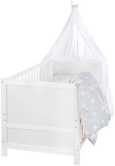 roba Kinderbettset „Sterne grau“ – mitwachsendes Babybett mit Matratze, Bettwäsche & Himmel