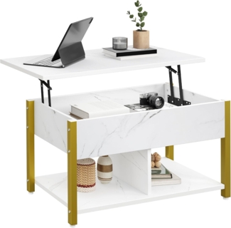 YITAHOME Couchtisch mit Anhebbarer Platte, Leicht Anzuheben, 2-Stufiger Stauraum, Höhenverstellbarer Couchtisch mit Verstecktem Staufach und Ablagefläche für Wohnzimmer, Büro, Weißer Marmor