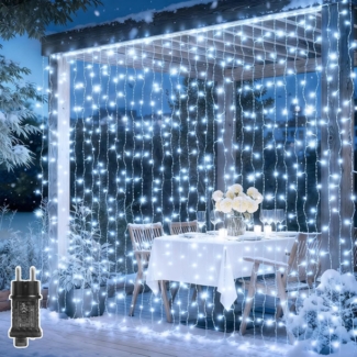 LED Lichterkette Vorhang Innen Lichtervorhang Außen 3x3 m 300 F5-LEDs PVC Fairy Lights mit Fernbedienung Timer, 8 Modi, IP65 Wasserdicht Weihnachtsdeko für Hochzeitsdeko Party/Zimmer/Wand/Balkon-Weiß