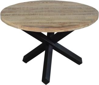 SAM Runder Esszimmertisch 120 cm Runis, Mangoholz massiv & naturfarben, Esstisch im Used-Look, schwarzer Metallfuß in Sternform, aufgedoppelte Tischplatte 50 mm (25+25mm), FSC® 100% Zertifiziert