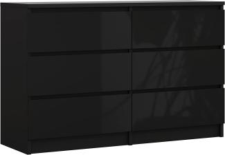 Kommode mit 6 Schubladen 138 cm, Farbe: Schwarz Matt/Schwarz Glanz, H: 79 cm, B: 138 cm, T: 39 cm. Schrank für Wohnzimmer, Büro, Schlafzimmer