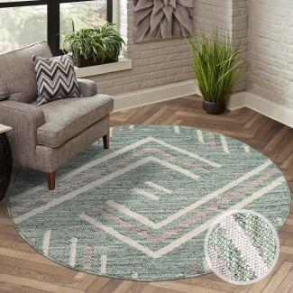 carpet city Teppich Kurzflor Wohnzimmer - Grün - 120x120 cm Rund - Teppiche Boho-Style - Geo-Muster - Schlafzimmer, Esszimmer