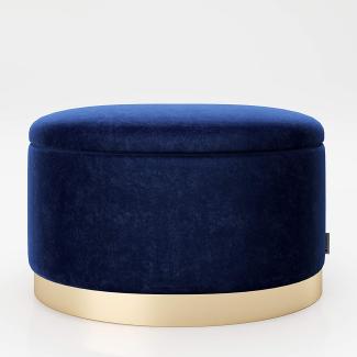 PLAYBOY - ovaler Pouf "ROSANNE" gepolsterter Sitzhocker mit Stauraum, Samtstoff in Blau, goldener Metallfuss, Retro-Design