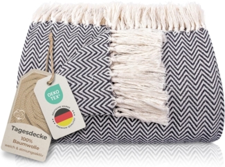 Gräfenstayn Tagesdecke mit Fransen aus 100% Baumwolle – Baumwolldecke mit Fischgrätenmuster, Wohndecke als Sofa-Überwurf, Bett-Überwurf, Couch-Überwurf, Sofa-Decke