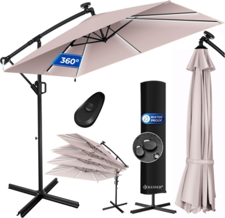 KESSER® 'Holly' Ampelschirm mit LED Solar und Ständer, inkl. Abdeckung und Windsicherung mit Kurbel, Aluminium taupe, Ø 350 cm