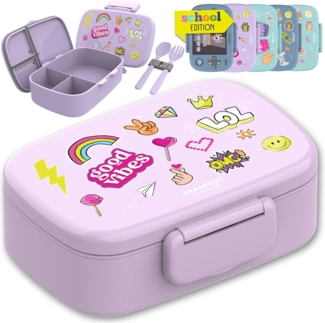BEARFOOT Lunchbox Brotdose Kinder mit Fächern, auslaufsicher - Sticker, lila, Kindergarten und Schule - Mädchen und Jungen, Vesperbox, Snackbox