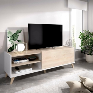 Dmora - Asinara TV-Schrank, niedriges Wohnzimmer-Sideboard, Wohnzimmer-Sideboard für Fernseher, 155 x 43 x 47 cm, Eiche und Weiß