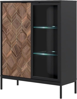 Vente-unique - Vitrinenschrank mit 2 Türen - mit LED-Beleuchtung - Schwarz & Holzfarben dunkel - MIALINE