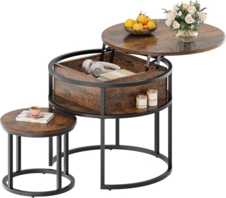 YITAHOME Couchtisch Rund, 2er Set, Wohnzimmertisch Vintage mit Stauraum und Hebeplatte, Couchtisch Höhenverstellbar für Wohnzimmer, 60 x 60 x 50 cm,38 x 38 x 30 cm