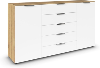 Rauch Möbel Flipp, Kommode für Schlafzimmer, Kinderzimmer, Wohnzimmer, Jugendzimmer, Flur, Garderobe, 2-türig, 5 Schubladen, mit Softclose-Funktion, Farbe Eiche Artisan, Holz/Weiß, Breite 180 cm