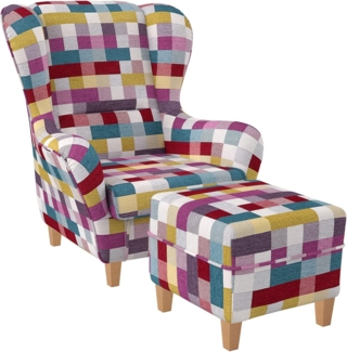 Supellex Sofia Ohrensessel mit Hocker | Design Patchwork kariert bunt