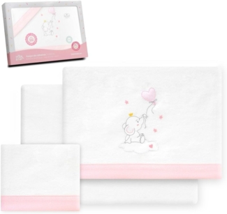 Interbaby Bettwäsche-Set für Kinderbett, 60x120 cm, 100% Baumwolle, warm, weich, inklusive Spannbettlaken, Bettbezug und Kissenbezug, ideal für den Winter, Elefantenballon Herz, Weiß/Rosa