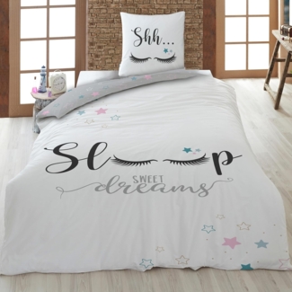 Bettwäsche für Teenager Mädchen 135x200 + 80x80 cm grau Motiv Sleep & Sweet Dreams aus 100% Baumwolle