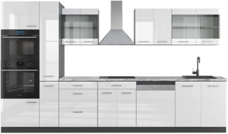 Vicco Küchenzeile R-Line, Weiß Hochglanz/Anthrazit, 350 cm mit Hochschrank, AP Marmor