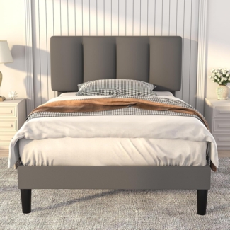 VECELO Polsterbett 90x200 mit Lattenrost Rückenlehne, Hautfreundliche Leinenmaterial, Bett Einzelbett Jugendbett(Ohne Matratze), Legierter Stahl, Grau