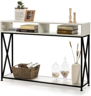 COSTWAY 2 Ebenen Konsolentisch mit offnen Fächern, Flurtisch aus Holz, Standregal, Beistelltisch für Eingang, Wohnzimmer und Schlafzimmer, 120 x 23 x 79 cm (Weiß)