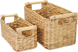 HMF Aufbewahrungskorb Nachhaltiger Aufbewahrungskorb mit Holzgriffen, Badezimmer Korb (2 St), aus Wasserhyazinthe Seegras, handgefertigter Flechtkorb 30 + 37 cm