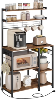 Vasagle Küchenregal, Standregal mit Steckdosen, Mikrowellen-Regal, kaffeebar, Bäckerregal, 8 S-Haken, mit Korb, Gewürzregal, vintagebraun-tintenschwarz KKS031K11