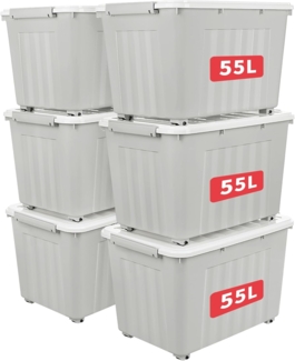 Cetomo,55L,6er-Pack, Aufbewahrungsbox mit deckel,Aufbewahrungsboxen, mit Clips, stapelbar, Wohnzimmer, Schlafzimmer. lebensmittelecht ,Verschlussclips,Neumaterial Plastik-Box grau